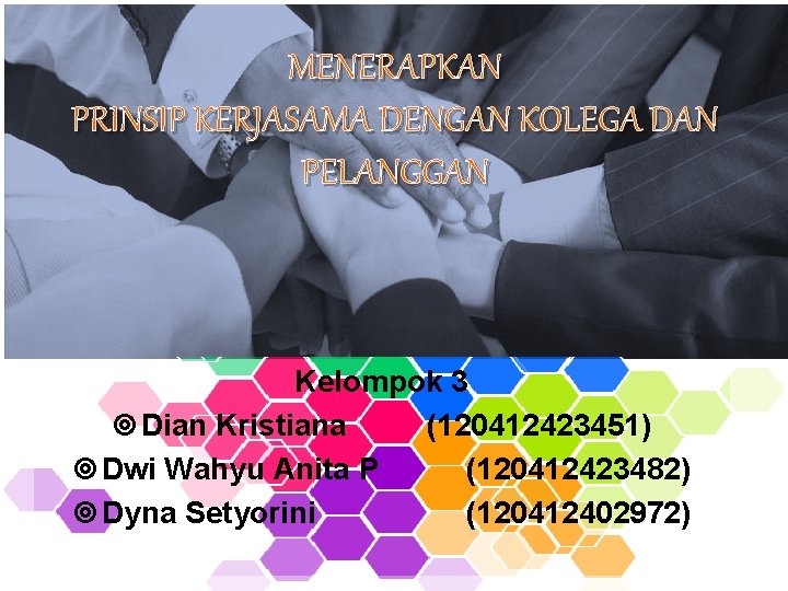 MENERAPKAN PRINSIP KERJASAMA DENGAN KOLEGA DAN PELANGGAN Kelompok 3 Dian Kristiana (120412423451) Dwi Wahyu