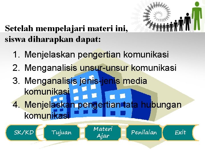 Setelah mempelajari materi ini, siswa diharapkan dapat: 1. Menjelaskan pengertian komunikasi 2. Menganalisis unsur-unsur