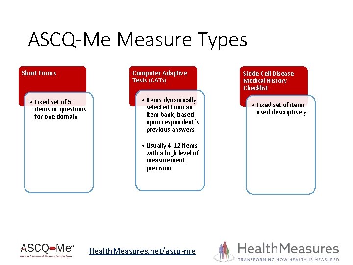 ASCQ-Me Measure Types Short Forms • Fixed set of 5 items or questions for