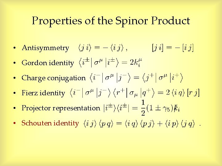 Properties of the Spinor Product • Antisymmetry • Gordon identity • Charge conjugation • Properties of the Spinor Product • Antisymmetry • Gordon identity • Charge conjugation •