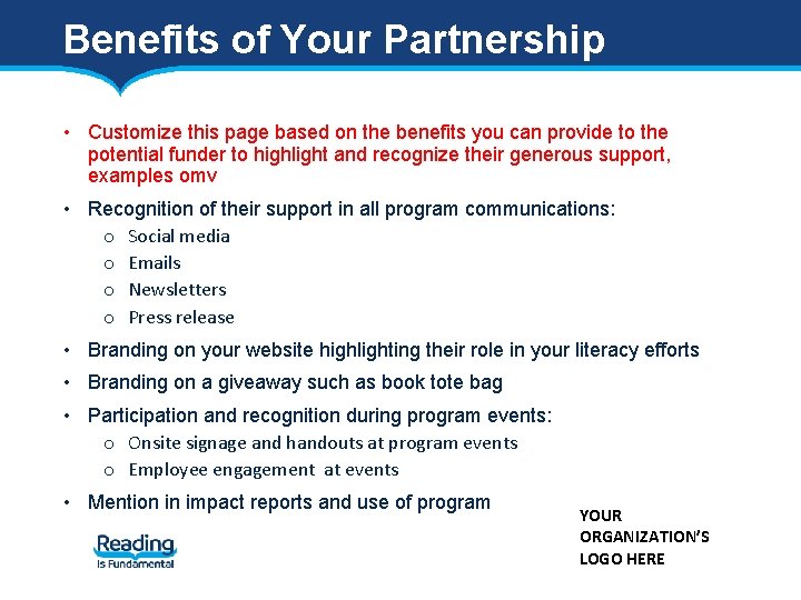 Benefits of Your Partnership • Customize this page based on the benefits you can Benefits of Your Partnership • Customize this page based on the benefits you can