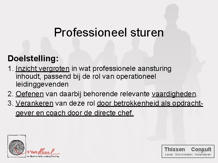 Professioneel sturen Doelstelling: 1. Inzicht vergroten in wat professionele aansturing inhoudt, passend bij de
