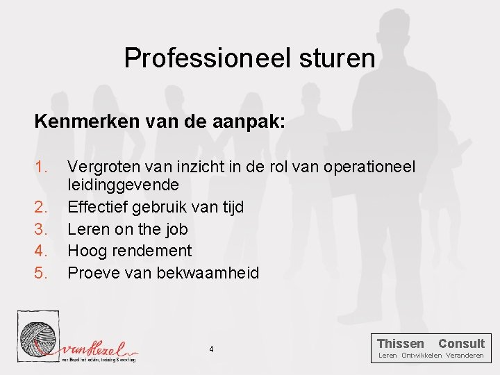 Professioneel sturen Kenmerken van de aanpak: 1. 2. 3. 4. 5. Vergroten van inzicht