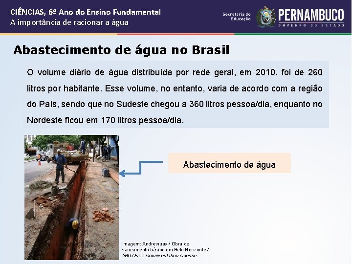 CIÊNCIAS, 6º Ano do Ensino Fundamental A importância de racionar a água Abastecimento de