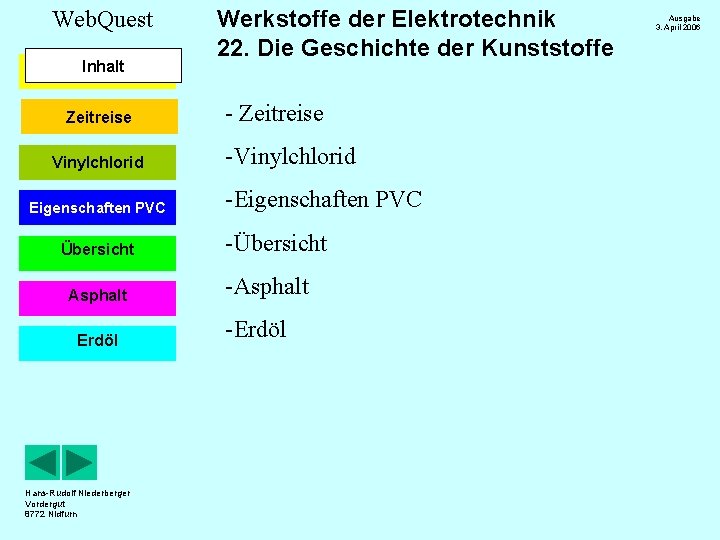 Web. Quest Inhalt Zeitreise Vinylchlorid Eigenschaften PVC Übersicht Asphalt Erdöl Hans-Rudolf Niederberger Vordergut 8772