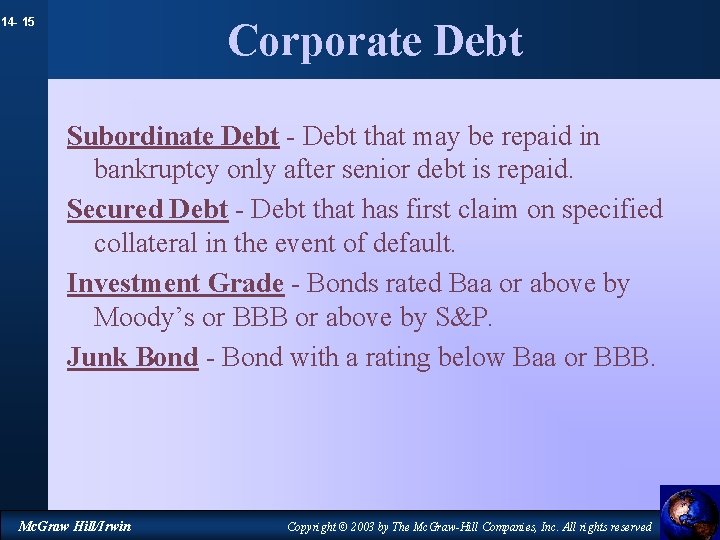 14 - 15 Corporate Debt Subordinate Debt - Debt that may be repaid in