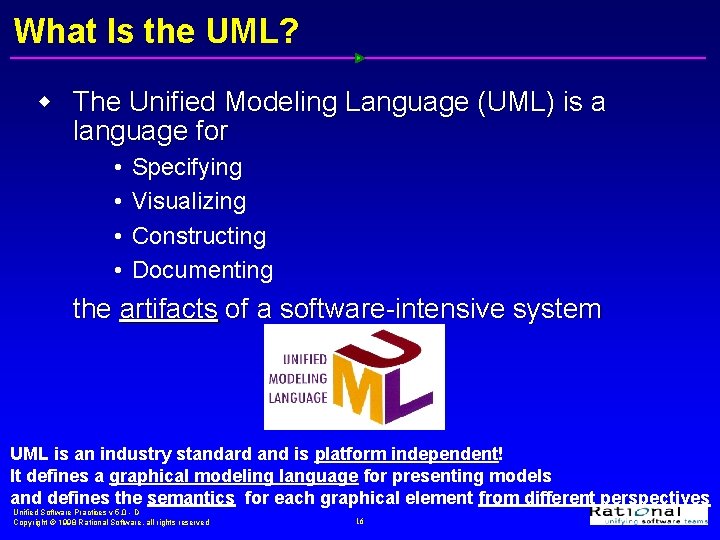 What Is the UML? w The Unified Modeling Language (UML) is a language for