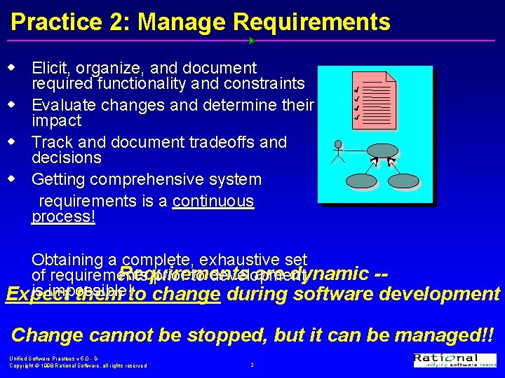 Practice 2: Manage Requirements w Elicit, organize, and document required functionality and constraints w