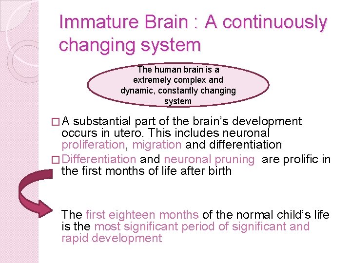 Immature Brain : A continuously changing system The human brain is a extremely complex