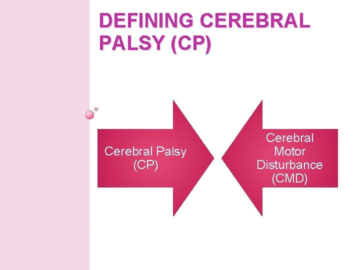 DEFINING CEREBRAL PALSY (CP) Cerebral Palsy (CP) Cerebral Motor Disturbance (CMD) 