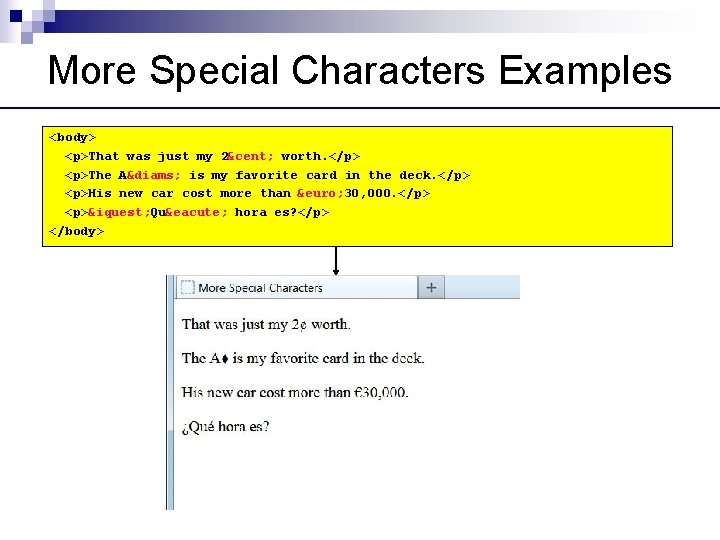 More Special Characters Examples <body> <p>That was just my 2¢ worth. </p> <p>The A♦