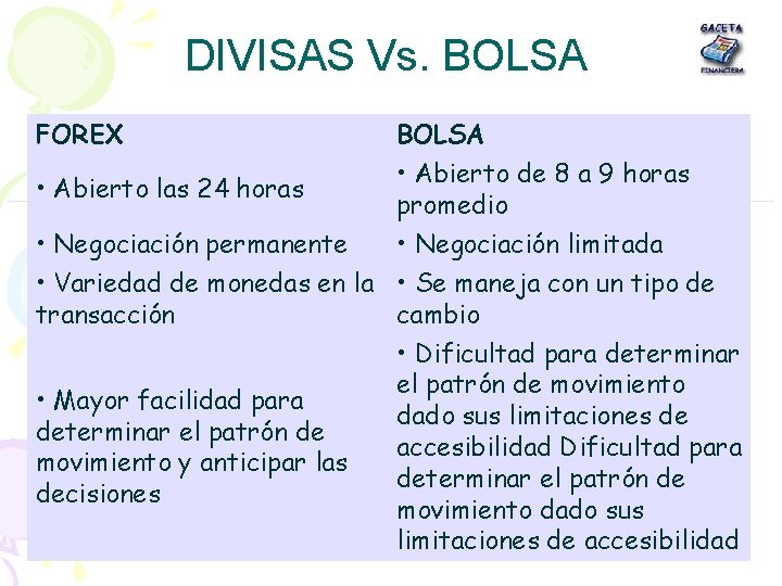 DIVISAS Vs. BOLSA FOREX • Abierto las 24 horas • Negociación permanente BOLSA •