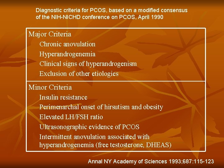 Diagnostic criteria for PCOS, based on a modified consensus of the NIH-NICHD conference on