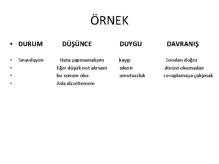 ÖRNEK • DURUM • • DÜŞÜNCE DUYGU DAVRANIŞ Sınavdayım Hata yapmamalıyım kaygı Soruları doğru