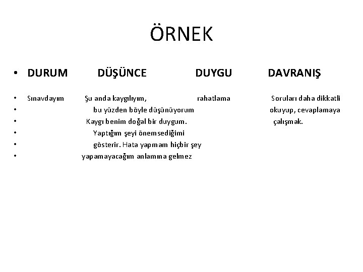 ÖRNEK • DURUM • • • DÜŞÜNCE DUYGU DAVRANIŞ Sınavdayım Şu anda kaygılıyım, rahatlama