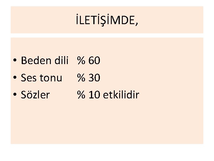 İLETİŞİMDE, • Beden dili % 60 • Ses tonu % 30 • Sözler %