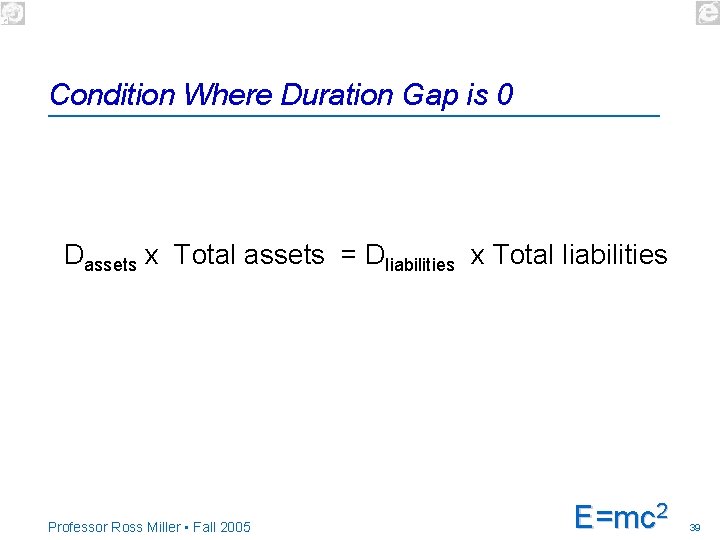 Condition Where Duration Gap is 0 Dassets x Total assets = Dliabilities x Total