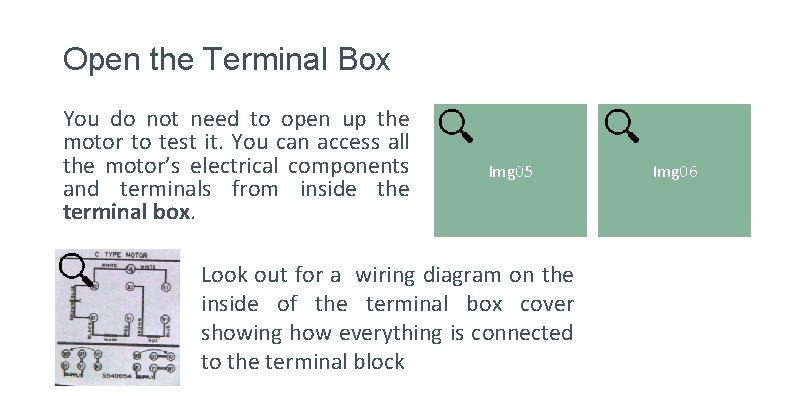 Open the Terminal Box You do not need to open up the motor to