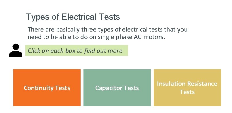 Types of Electrical Tests There are basically three types of electrical tests that you