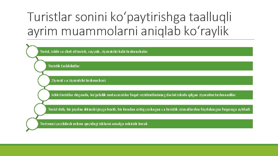 Turistlar sonini ko‘paytirishga taalluqli ayrim muammolarni aniqlab ko‘raylik Turist, ichki va chet el turisti, Turistlar sonini ko‘paytirishga taalluqli ayrim muammolarni aniqlab ko‘raylik Turist, ichki va chet el turisti,