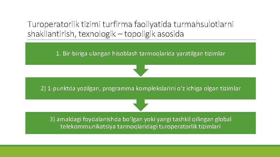 Turoperatorlik tizimi turfirma faoliyatida turmahsulotlarni shakllantirish, texnologik – topoligik asosida 1. Bir-biriga ulangan hisoblash