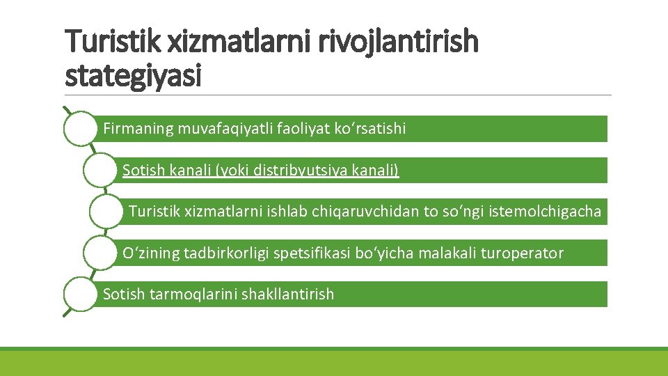 Turistik xizmatlarni rivojlantirish stategiyasi Firmaning muvafaqiyatli faoliyat ko‘rsatishi Sotish kanali (yoki distribyutsiya kanali) Turistik Turistik xizmatlarni rivojlantirish stategiyasi Firmaning muvafaqiyatli faoliyat ko‘rsatishi Sotish kanali (yoki distribyutsiya kanali) Turistik