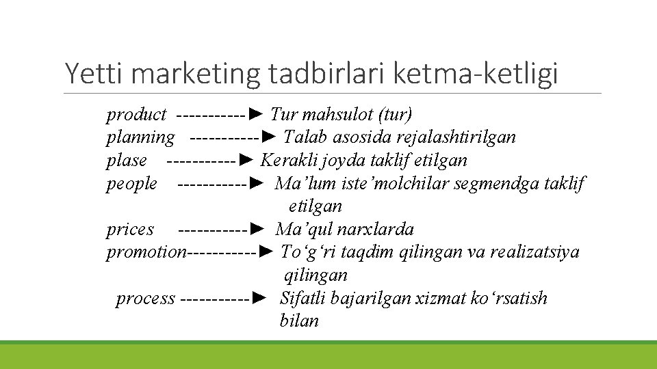 Yetti marketing tadbirlari ketma-ketligi product ------► Tur mahsulot (tur) planning ------► Talab asosida rejalashtirilgan