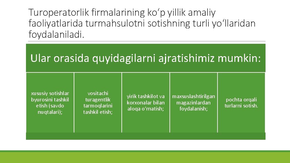 Turoperatorlik firmalarining ko‘p yillik amaliy faoliyatlarida turmahsulotni sotishning turli yo‘llaridan foydalaniladi. Ular orasida quyidagilarni