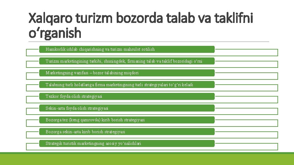 Xalqaro turizm bozorda talab va taklifni o‘rganish Hamkorlik ishlab chiqarishning va turizm mahsulot sotilish Xalqaro turizm bozorda talab va taklifni o‘rganish Hamkorlik ishlab chiqarishning va turizm mahsulot sotilish