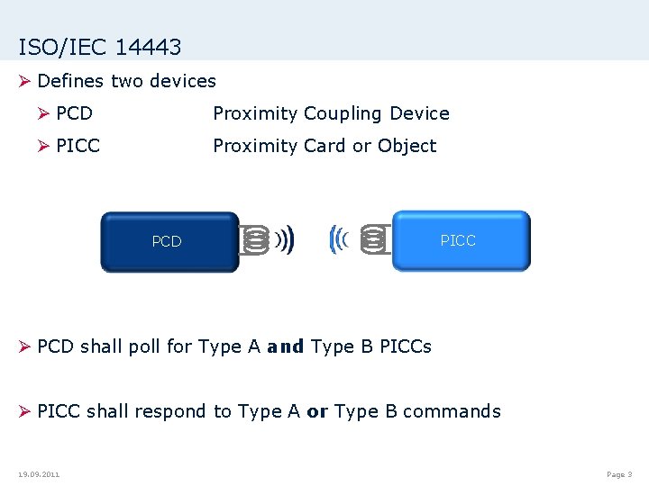 ISO/IEC 14443 Ø Defines two devices Ø PCD Proximity Coupling Device Ø PICC Proximity