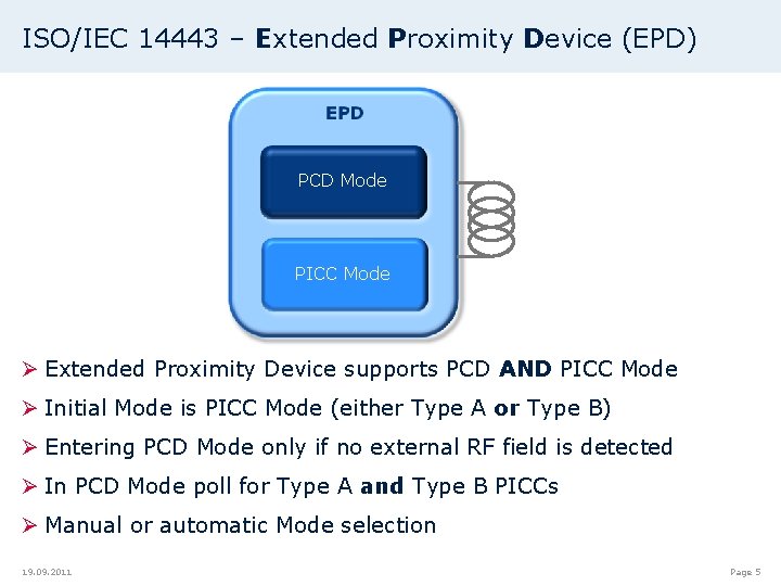 ISO/IEC 14443 – Extended Proximity Device (EPD) PCD Mode PICC Mode Ø Extended Proximity