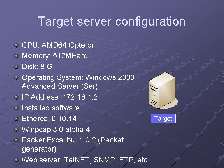 Target server configuration CPU: AMD 64 Opteron Memory: 512 MHard Disk: 8 G Operating