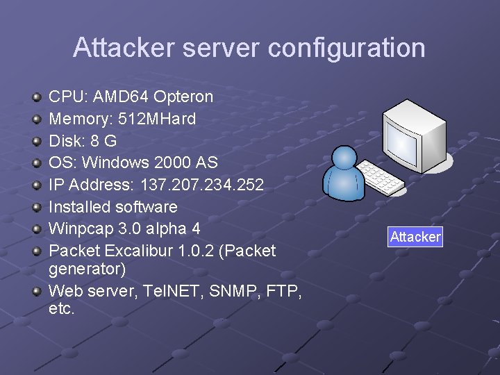 Attacker server configuration CPU: AMD 64 Opteron Memory: 512 MHard Disk: 8 G OS: