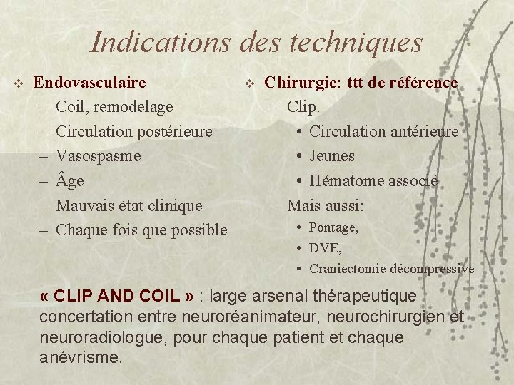 Indications des techniques v Endovasculaire – Coil, remodelage – Circulation postérieure – Vasospasme –