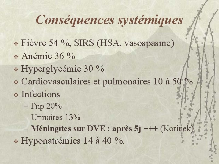 Conséquences systémiques Fièvre 54 %, SIRS (HSA, vasospasme) v Anémie 36 % v Hyperglycémie