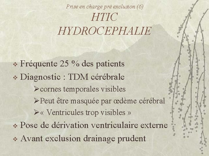 Prise en charge pré exclusion (6) HTIC HYDROCEPHALIE Fréquente 25 % des patients v
