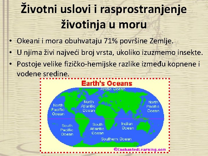 Životni uslovi i rasprostranjenje životinja u moru • Okeani i mora obuhvataju 71% površine