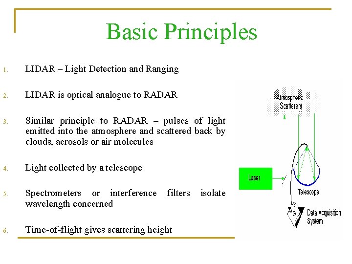 Basic Principles 1. LIDAR – Light Detection and Ranging 2. LIDAR is optical analogue