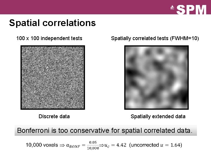 Spatial correlations 100 x 100 independent tests Discrete data Spatially correlated tests (FWHM=10) Spatially
