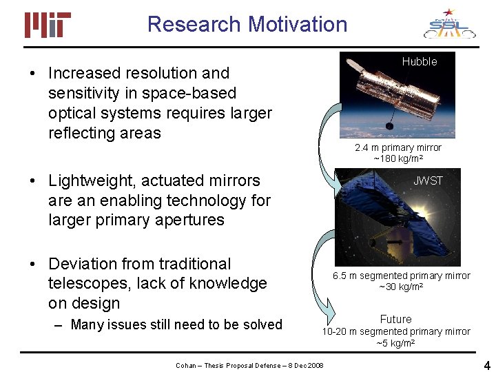 Research Motivation Hubble • Increased resolution and sensitivity in space-based optical systems requires larger