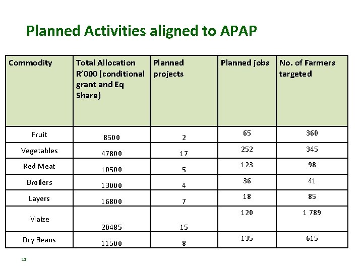 Planned Activities aligned to APAP Commodity • . Total Allocation Planned R’ 000 (conditional