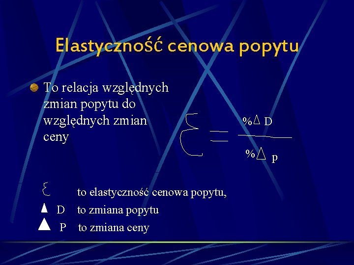 Elastyczność cenowa popytu To relacja względnych zmian popytu do względnych zmian ceny % %