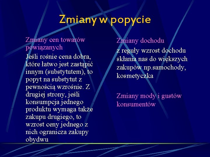 Zmiany w popycie Zmiany cen towarów powiązanych Jeśli rośnie cena dobra, które łatwo jest