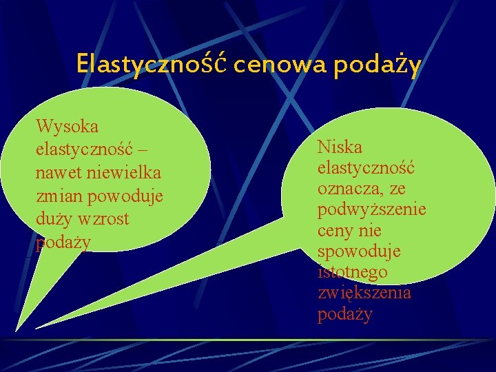 Elastyczność cenowa podaży Wysoka elastyczność – nawet niewielka zmian powoduje duży wzrost podaży Niska