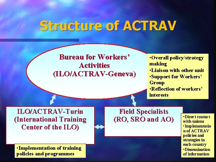 Structure of ACTRAV Bureau for Workers’ Activities (ILO/ACTRAV-Geneva) ILO/ACTRAV-Turin (International Training Center of the