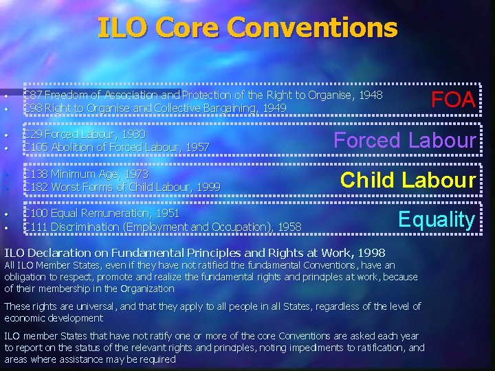 ILO Core Conventions • • C 87 Freedom of Association and Protection of the
