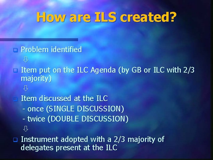 How are ILS created? q q Problem identified Item put on the ILC Agenda