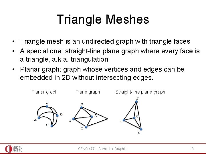 Triangle Meshes • Triangle mesh is an undirected graph with triangle faces • A Triangle Meshes • Triangle mesh is an undirected graph with triangle faces • A