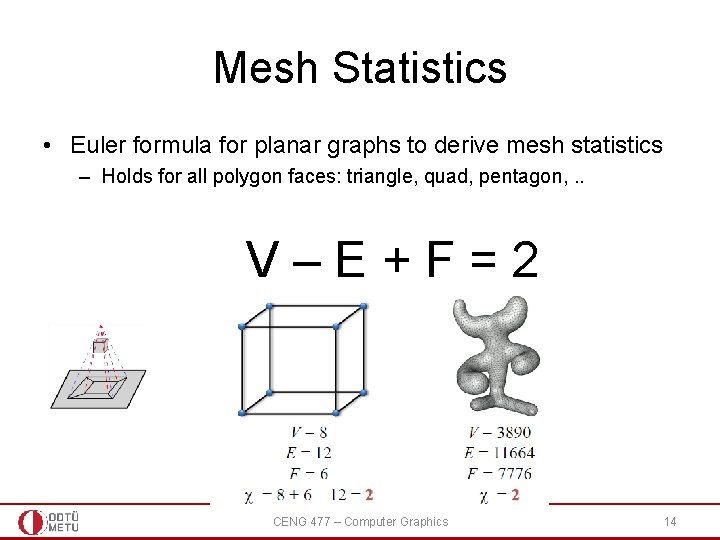 Mesh Statistics • Euler formula for planar graphs to derive mesh statistics – Holds Mesh Statistics • Euler formula for planar graphs to derive mesh statistics – Holds
