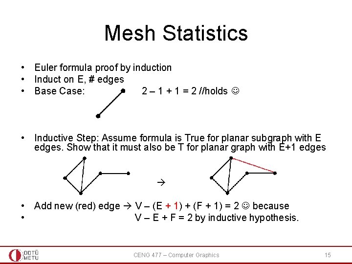 Mesh Statistics • Euler formula proof by induction • Induct on E, # edges Mesh Statistics • Euler formula proof by induction • Induct on E, # edges